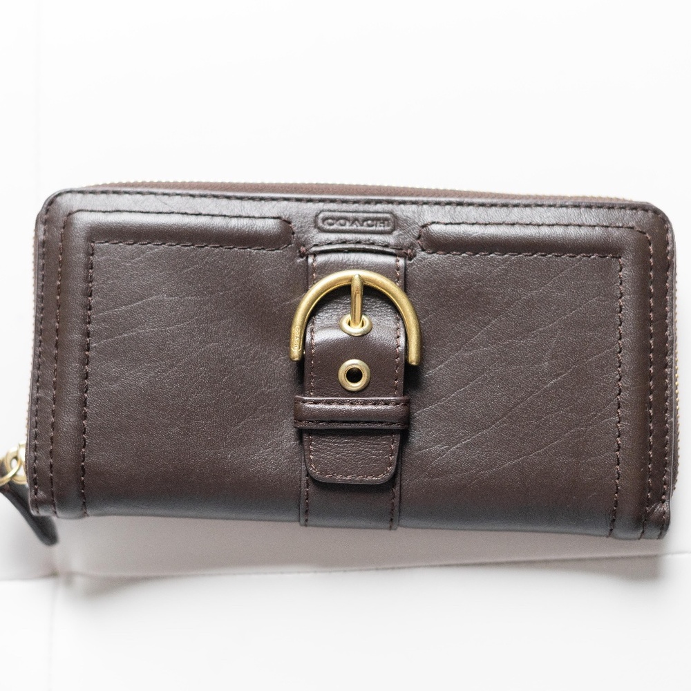 Coach Brown Leather Zip Around Buckle Wallet